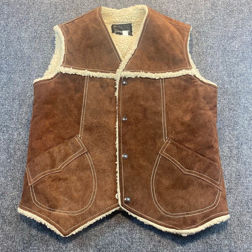 Vintage 70s JCPenney Men Brown Suede Vest Sherpa Lined Boho Western Style Medium